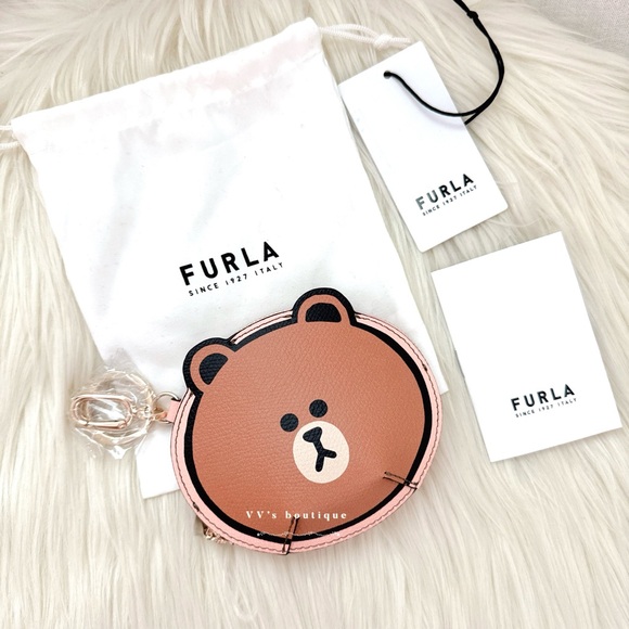 NWT Furla x LINEFRIENDS Coin Case Teddy Bear Toni Candy Rose Brown WP00045 RARE - Picture 1 of 9